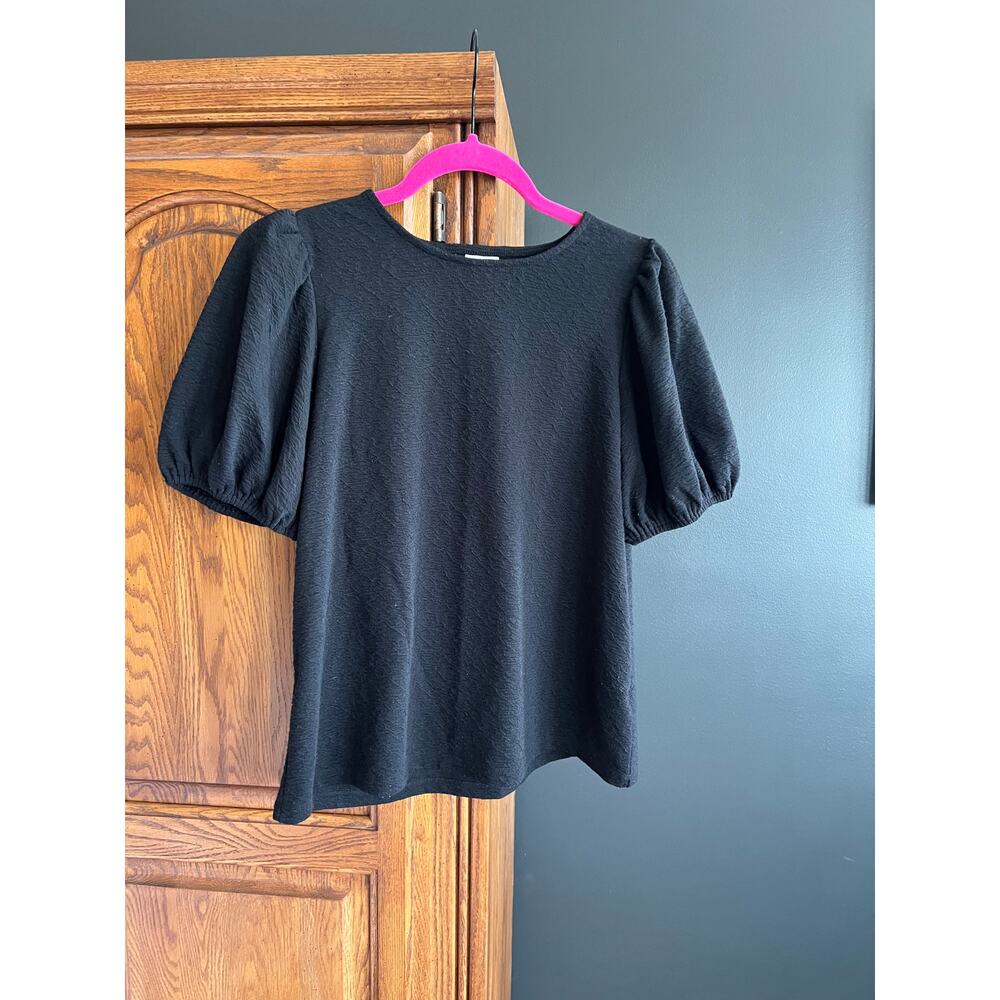 A New Day Black‎ Puff Sleeve Textured Top S Small Minimalist Blouse Crew Neck